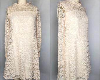 Vintage 60s LACE Dress - Ivory Lace Dress - Mini Tent Dress - 60s Mod Wedding Dress - Bride Bridal Dress - Romantic Boho Hippie - XS