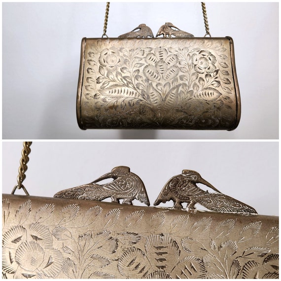 Antique 1900s Metal Hard Shell Bag Purse BIRDS Clasp Silver Brass