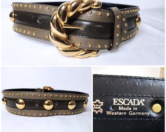 Vintage ESCADA Belt - Western Germany Women's Wide Gold Studded Beige/Green & Black Belt - Vintage Designer High End Designer 34 XXS XS