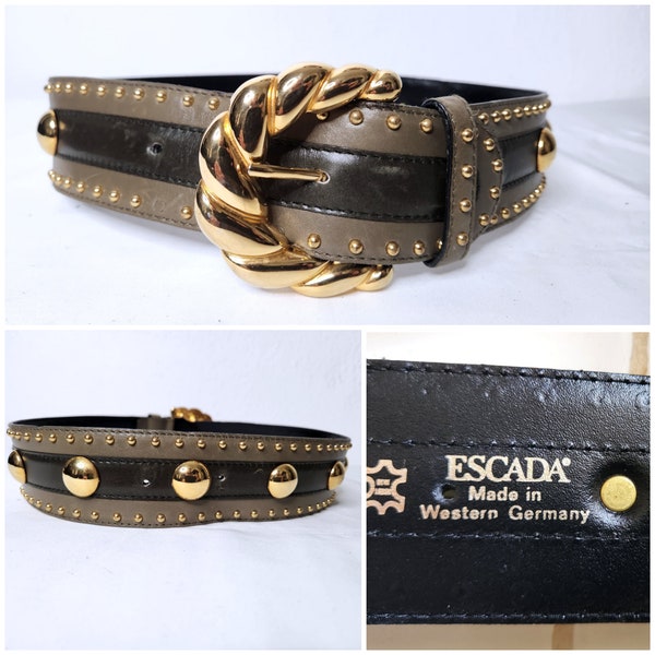 Vintage ESCADA Belt - Western Germany Women's Wide Gold Studded Beige/Green & Black Belt - Vintage Designer High End Designer 34 XXS XS