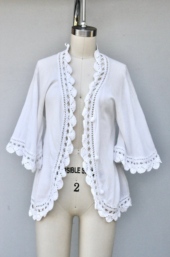 Vintage Crochet Trim BELL Sleeves Blouse Jacket S… - image 6