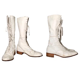 Vintage LACE UP White Leather Boots - 70s Leather Tall Distressed Boots - Boho Gypsy Woodland Festival by Jive Ass Shoemaker RARE  11 - 12