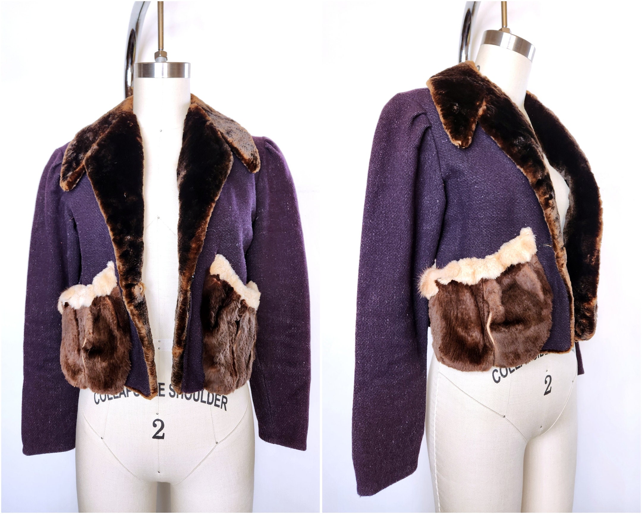 Vintage Wool & Fur Cropped Jacket - Crop Wool Jacket - Wool