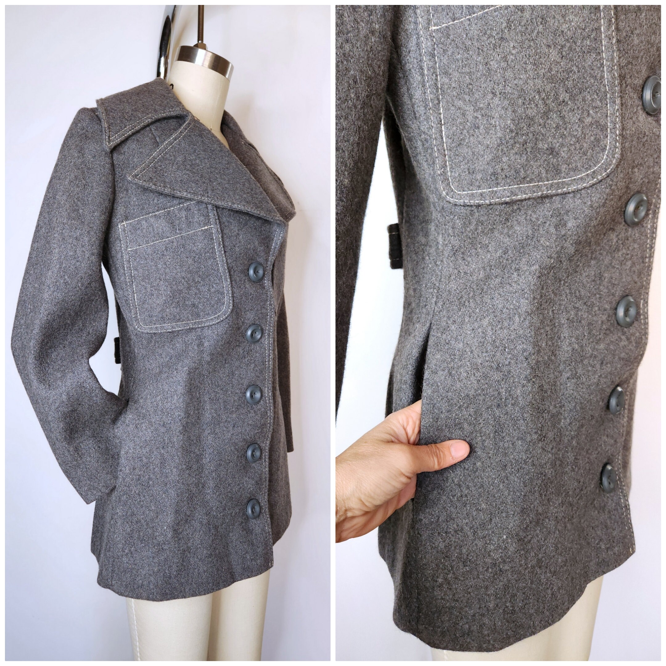 Vintage Gray Wool Jacket With Pointed Collar - Pointed Collar