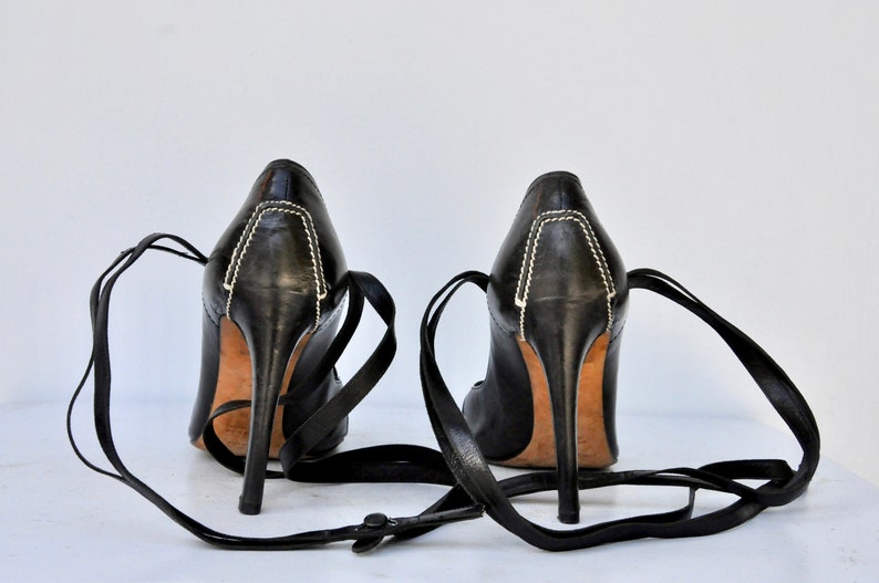YSL Yves St Laurent Black Stiletto Pumps Shoes - High Heels - Gladiator Straps Shoes - Ankle Strap Shoes - Cocktail Elegant Couture 38 7.5 8 image 5
