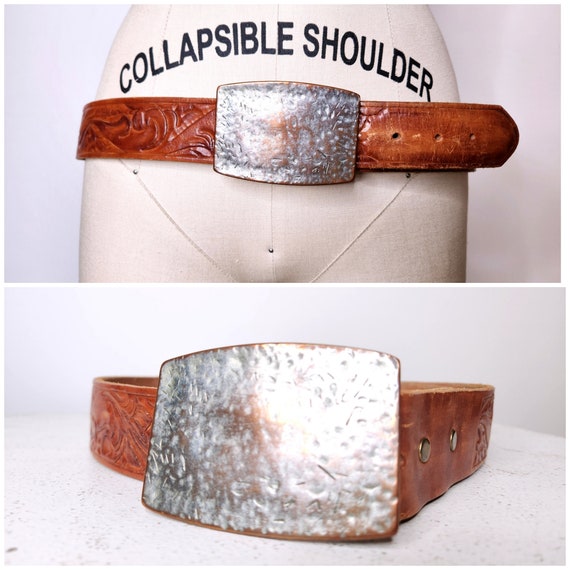 Vintage Tooled Floral Leather Belt - Brown Leathe… - image 2