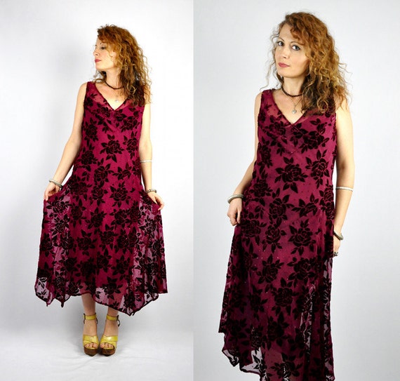 Vintage Chiffon & Velvet Dress - Bias Cut Dress -… - image 1