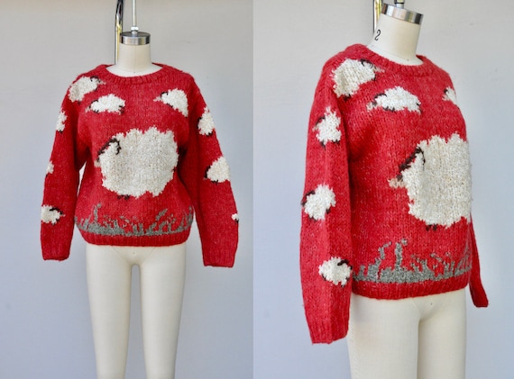 Vintage Novelty Sweater - White SHEEP Sweater - Re
