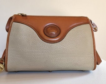 Vintage Dooney and Bourke Off White & Brown Leather Crossbody Purse - Shoulder Purse Bag - Brass Feet and Hang Tag - 80s Designer
