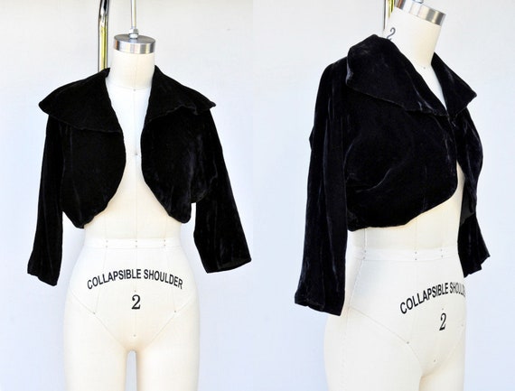 20s 30s Cropped Black Velvet Bolero Jacket Blazer… - image 1