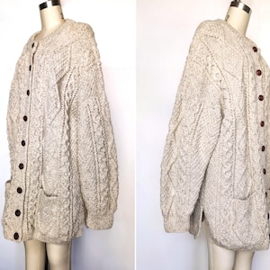Unisex Chunky Irish Wool Hand Knit Cardigan Sweater - Aran Hand Knitted WOOL Sweater Cardigan Fisherman Ireland Sweater Oversized L XL