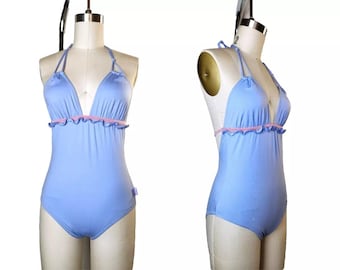 Moschino Mare Vintage Light Blue/Lavender & Pink One Piece Swimsuit Halter Italy Size XS