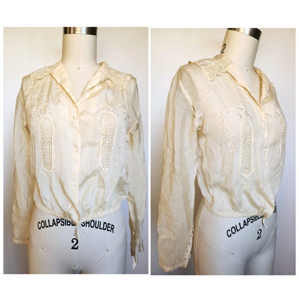 Edwardian Early Century 1900s 1910s 1920s Embroidered Lace Blouse - Long Sleeves - Damaged & Only for Reproduction Study Collectible