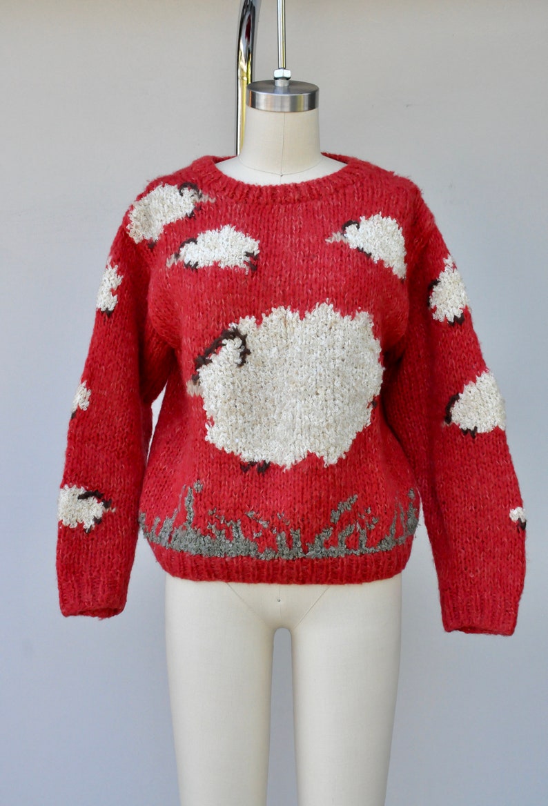 Vintage Novelty Sweater White SHEEP Sweater Red and White | Etsy