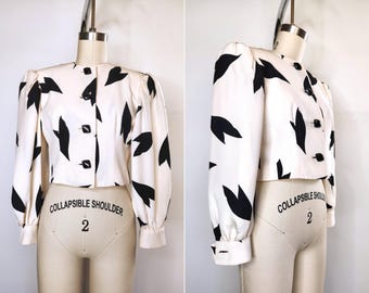 SILK Cropped Jacket Bolero Blazer by David Hayes for Saks Fifth Avenue Black & Ivory Silk Bolero Jacket - Cropped Bolero -Cocktail Party XS