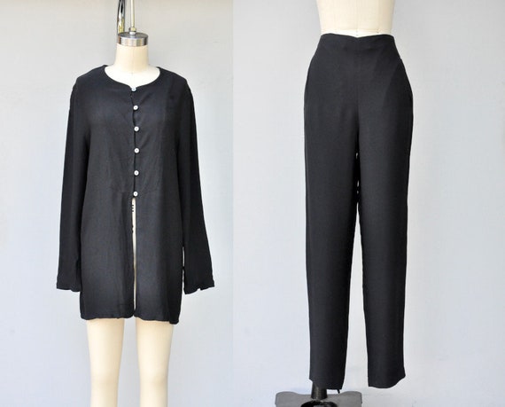 Black SILK Set - Pants and Blouse Set - Asian Style Silk Blouse - Lagenlook Oversided Silk Blouse - Minimalist Goth Mourning Elegant S - M