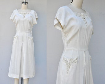 Vestido Vintage Blanco Roto 40s 50s - Bolsillos y Detalles de Apliques - Vestido de Fiesta Cóctel de Boda de Mediados de Siglo - Sencillo y Particular Talla XS