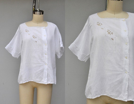 Asymmetrical White Cotton Blouse - Hand Embroider… - image 1