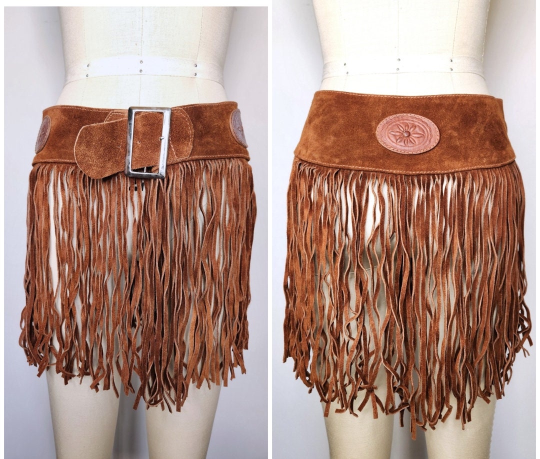 Brown leather fringe skirt deals