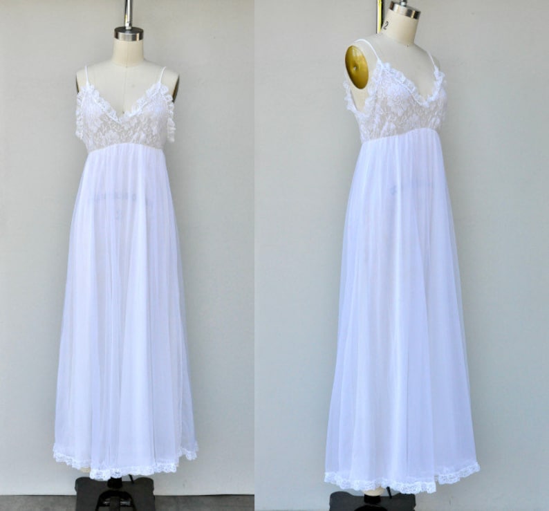 Vintage White Lace & Nylon Slip Lingerie Long White Slip Dress Peignoir Lingerie Sexy Long Maxi Slip Dress Lace Night Gown XS S image 1