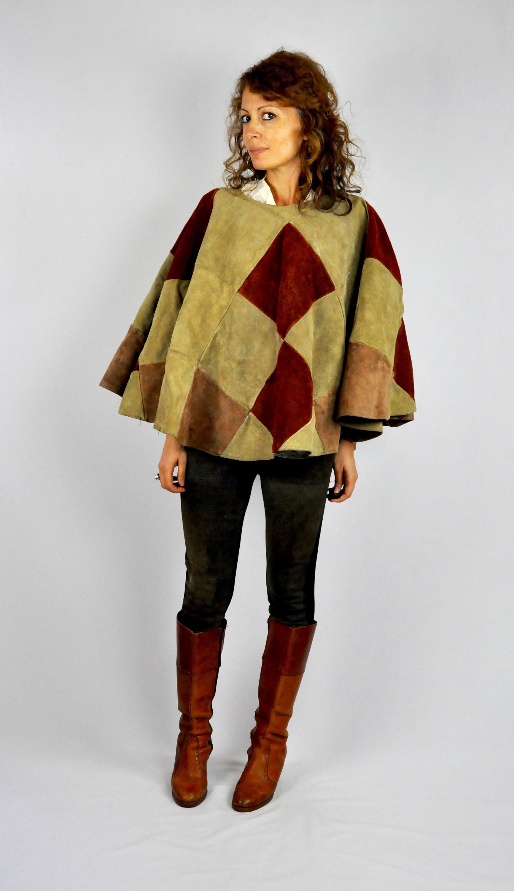 Vintage LEATHER Poncho Cape Patchwork Suede Poncho Color Block 