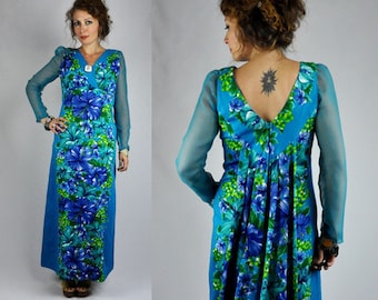 HAWAIIAN Dress - 60s Maxi Dress - Plunging LOW V Back & Long Sheer Sleeves - Psychedelic Floral Colorful Hippie Wedding Cocktail S M