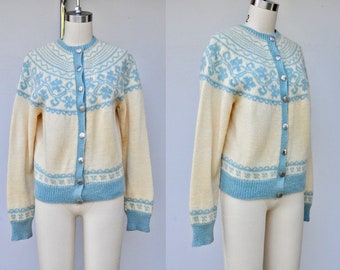 Vintage Icelandic Jacket Sweater Cardigan - Wool Cardigan Jacket - Knit Knitted Norwegian Cardigan - Iceland Jacket Sweater 40s 50s  XS - S