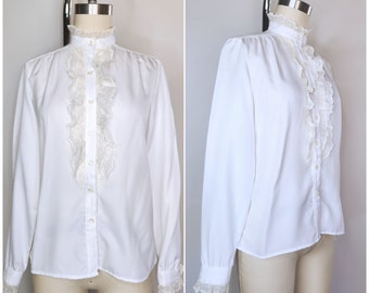 1970's LANZ Lace Blouse Ruffled Button Down Shirt Blouse - Round KOREAN Collar Neck - Long Sleeves size XS