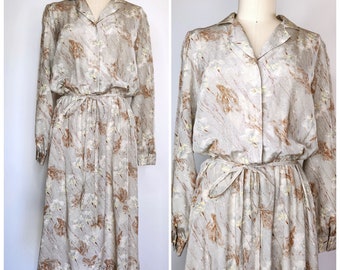 Vintage 70s 80s Japanese Dress Flowers & Leaves Print - Earth Tones Dress - Shirt Dress Long Sleeves - Bohemian Day Garden Dress size S - M