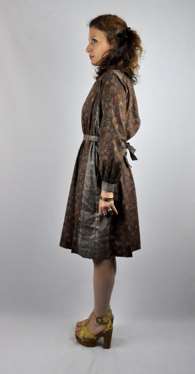 Vintage Indian Silk Dress Silk /& Cotton Dress Block Print Indian Dress S Boho Hippie Gypsy M Pockets Long Sleeves Belted
