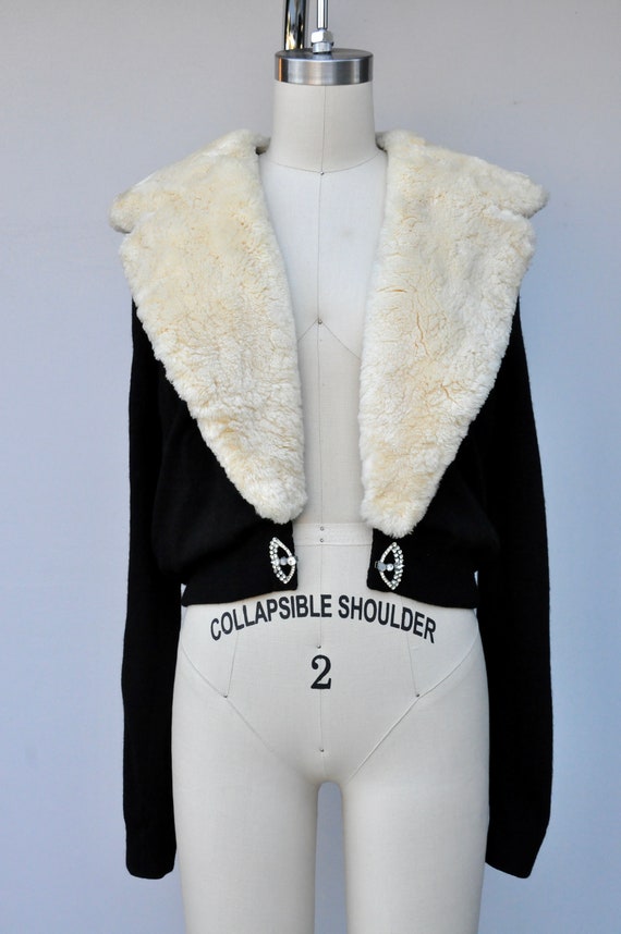 50s Black Cashmere Cardigan with Shearling Fur Co… - image 4