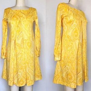 Flower Power 60s 70s Paisley Psychedelic Dress - Baby Doll Mini Dress w/POCKETS - Long Sleeves Dress - Mod Boho Yellow Colorful Dress - XS
