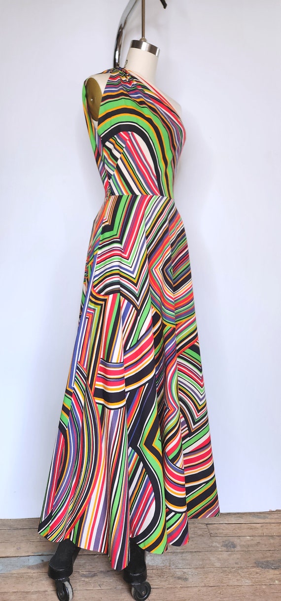 70s Stripes Maxi Dress - One Shoulder Dress - GOR… - image 6