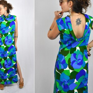 60s HAWAIIAN Colorful Dress - Floor Length Maxi Dress - Open Back Dress - Psychedelic Floral - Hawaiian Wedding Dress Long Side Slits S - M
