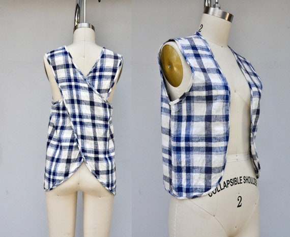 Vintage Linen Set Blouse and Jacket - Plaid Linen… - image 1