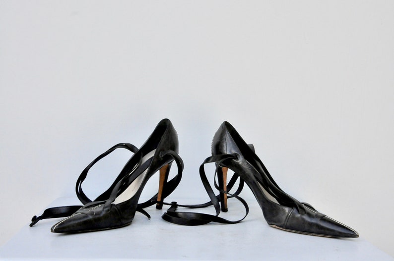 YSL Yves St Laurent Black Stiletto Pumps Shoes - High Heels - Gladiator Straps Shoes - Ankle Strap Shoes - Cocktail Elegant Couture 38 7.5 8 image 6