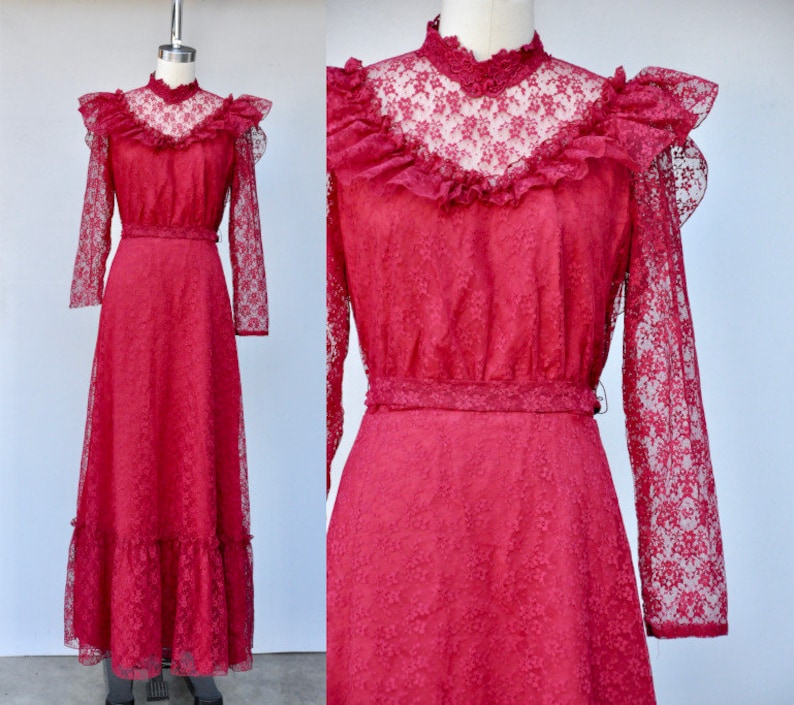 Vintage 70’s Victorian Ruffle Maxi Dress Small main image 1