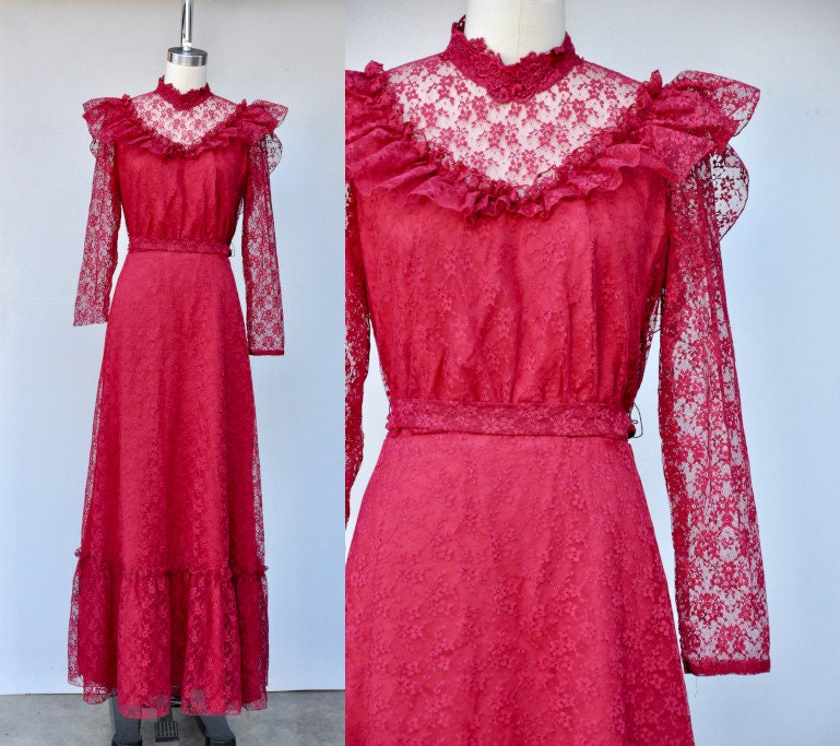 Vintage Lace Victorian Dress - Ruffled 70S Maxi Gunnel Sax Style Wedding Prairie Romantic Edwardian