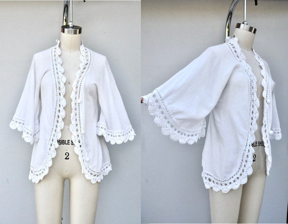 Vintage Crochet Trim BELL Sleeves Blouse Jacket S… - image 1