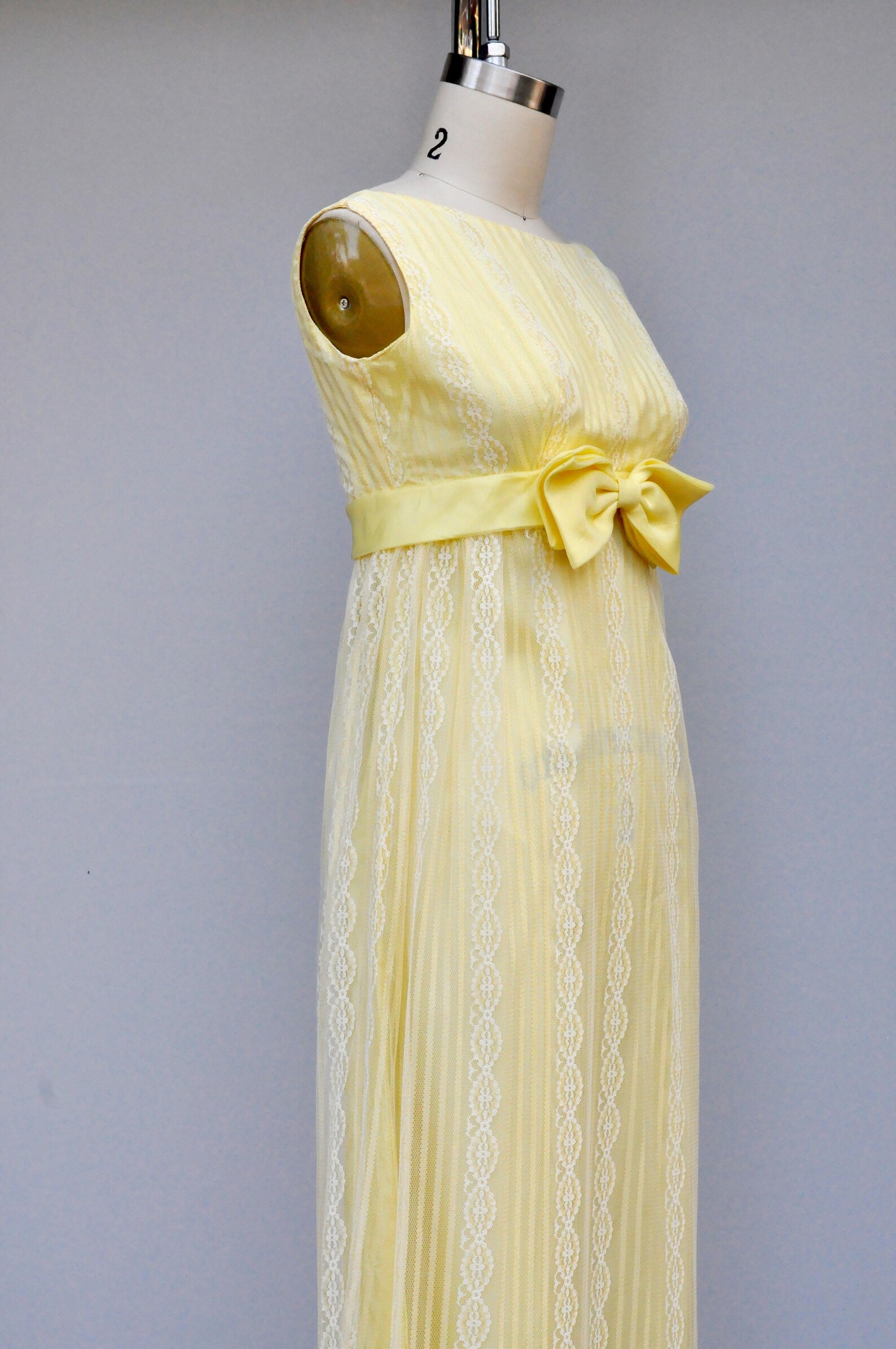 60's Sunlight Yellow Zip Front Dress with Cherry Ribbon Pockets by Dorian