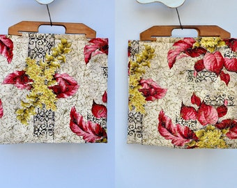 Vintage 40s Bag - Wood Handle Bag Purse - 40s Fabric Bag - 40s Bag - Floral Bag - Large XL Bag - Vintage Floral Cotton Bag Purse