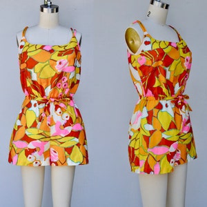 50s 60s Cotton Floral Swimsuit - Romper - One Piece Bathing Suit - Colorful Floral Swim Suit - Pin Up Playsuit Romper - Hawaiian Colors S M