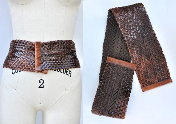 Vintage Wide Leather Belt - Woven Leather Belt - D