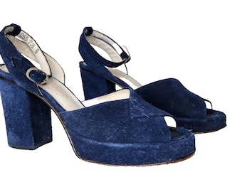 Vintage GALLIANO Platform Heels Blue Suede Shoes Sandals JOHN GALLIANO Designer Shoes - 70s Disco Rock Boho - Size 7.5 B