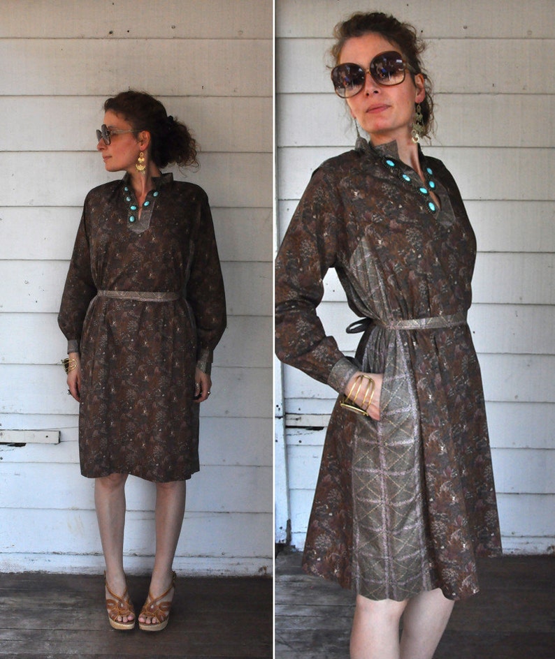 Vintage Indian Silk Dress Silk /& Cotton Dress Block Print Indian Dress S Boho Hippie Gypsy M Pockets Long Sleeves Belted