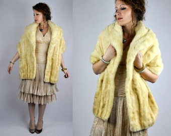 Vintage Mink Stole - Stole with Pockets - Fur Shawl Cape Capelet Shrug - 40s 50s Honey Blonde Cream Mink Fur Mid Century Wedding Bridal