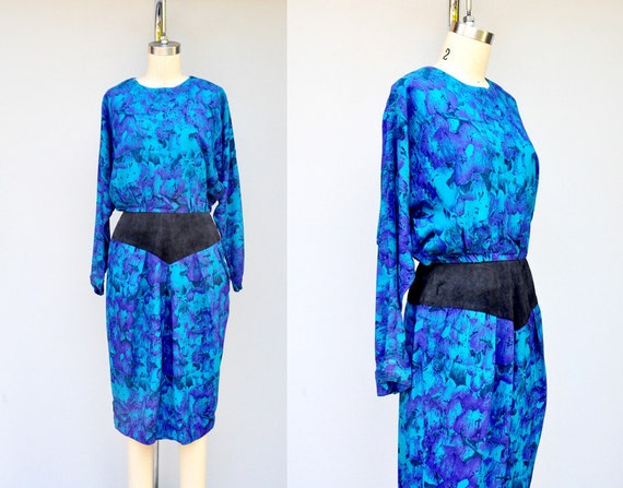 SILK Dress - 80s Floral Dress - Batwing Sleeves -