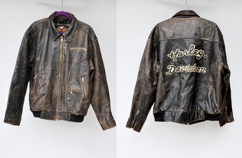 Vintage Harley Davidson Jacket Brown Leather Er Distressed Biker Riding Motorcycle Men S Coat L