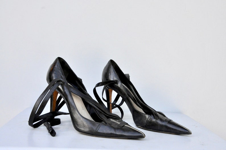 YSL Yves St Laurent Black Stiletto Pumps Shoes - High Heels - Gladiator Straps Shoes - Ankle Strap Shoes - Cocktail Elegant Couture 38 7.5 8 image 1