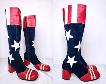 Vintage 60s Sbicca Go-Go Boots - America Stars and Stripes Boots - Color Block Leather High Heels 60s Boots - Mod Boho Hippie Gypsy 7.5-8